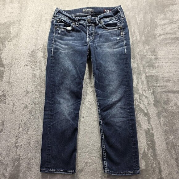 Silver Jeans Suki Mid Capri Womens 28 Blue Distressed Embroidered Pockets Denim - Picture 1 of 12